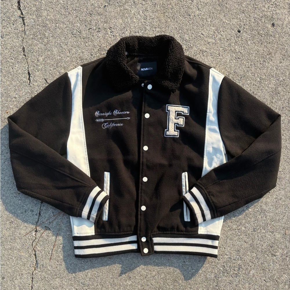 NOVAMEN Black Varsity Jacket | Faux Fur Collar | Men’s Small | Fashion Nova